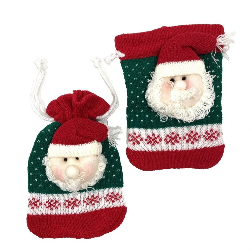Christmas Knit Gift Bags with Draw String for Gifts or Candy Lot of 2 Santa Bags